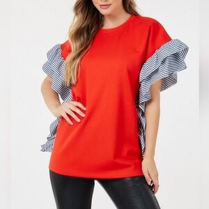Women's Ruffle Flutter Sleeve Top Red Blue Stripes S M L